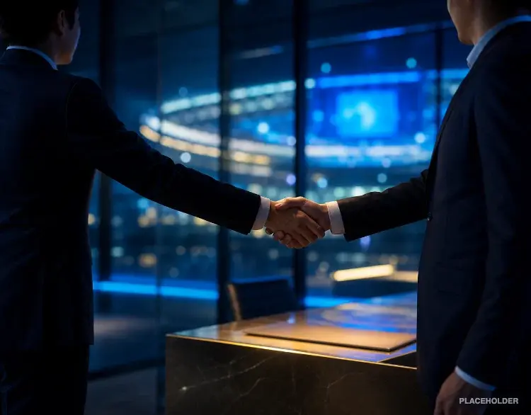 Business partners shaking hands in a modern Tokyo office