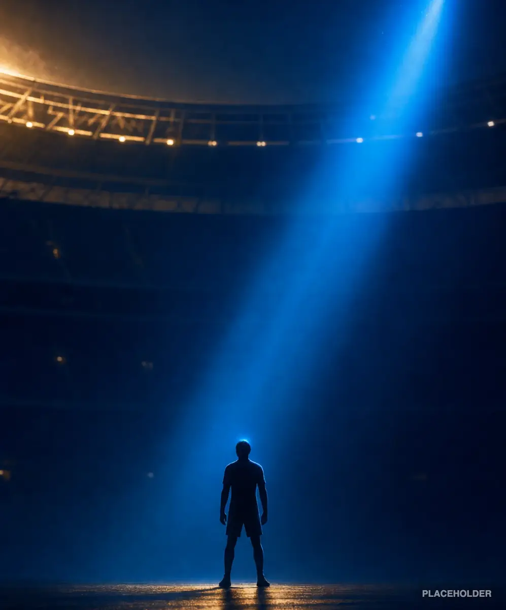 An athlete under dramatic stadium floodlights